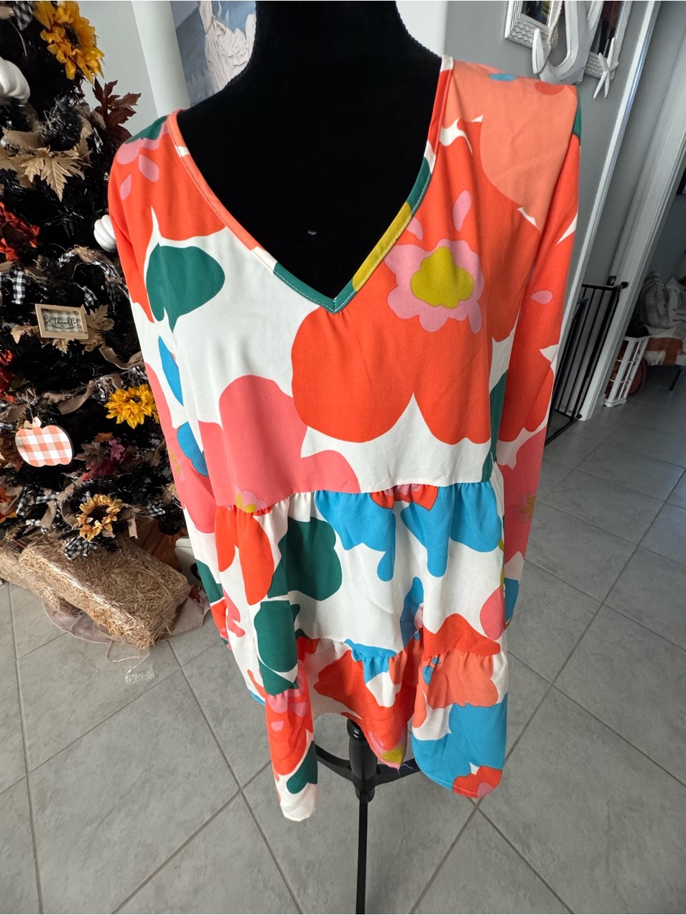 BiBi Coral Multi Floral V-Neck Tiered Tunic